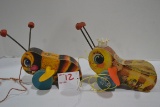 Vintage Fisher-Price Wooden Buzzy Bee and Queen Buzzy Bee Pull Toys