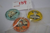 Group of 3 Vintage Hopalong Cassidy Saving Rodeo Pins including Tenderfoot, Wrangler, and Bulldogger