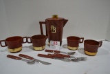 Vintage Roy Rogers Bakelite Coffee pot, 2 Cups, Creamer, and Sugar with Cutlery by Ideal Toys