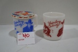 Pair of Vintage Hopalong Cassidy Milk Glass Mugs including One w/Big Top Peanut Butter Lid