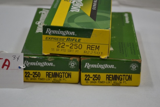 3 Boxes .22-250 cal. 55 gr. Including 2 Boxes - Remington HP and 1 Box - Remington SP; 20 Rds./Box;