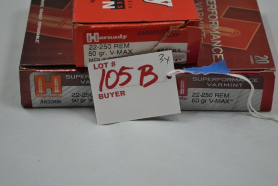 3 Boxes .22-250 cal. 50 gr. Including 2 Boxes - Hornady Superformance V-Max and 1 Box - Hornady V-Ma