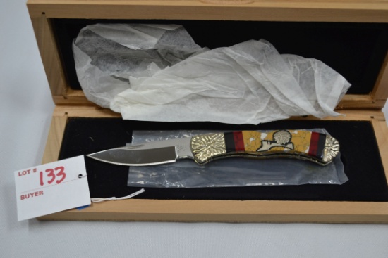 Brian Yellowhorse Buck Folding Knife w/Stone and Inlay Handle in Wooden Box; No. 032/100;