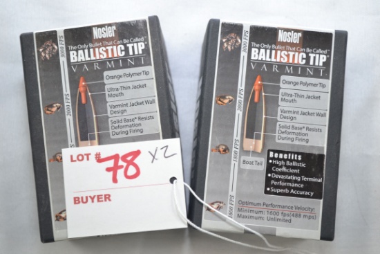 2 Boxes - Nosler .22 Rifle Cal. 55 gr. Spitzer Bullets; 250 Rds./Box; 2xBID