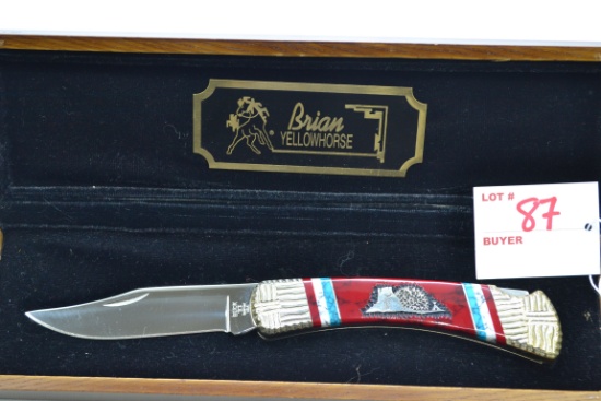 Brian Yellowhorse Buck Custom Eagle Mountain Single Locking Blade Folding Knife in Wooden Box
