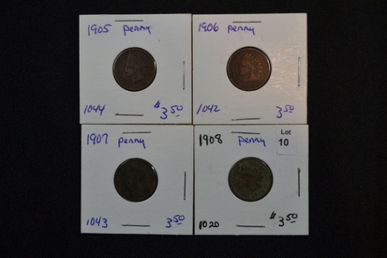 4 - Indian Cents 1905-1908; 4xBID