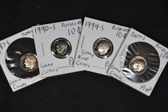 4 - Dimes including 1987-S, 1990-S, 1994-S, and 2007-S Proof; Gem+ D-Cam; 4xBID