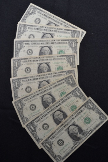 Group of 8 - 1963 One Dollar Federal Reserve Notes