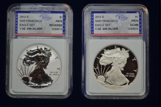 2012-S American Silver Eagle 2-Coin Set including D-Cam Proof and Reverse Proof; PF-70