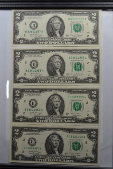 Group of 4 - Consecutive 2017-A Two Dollar Bills; CU