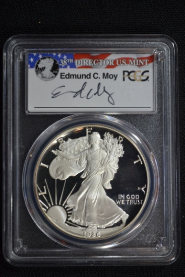1986 American Silver Eagle Proof; PR-69 D-Cam Edmund C. Moy Signed PCGS