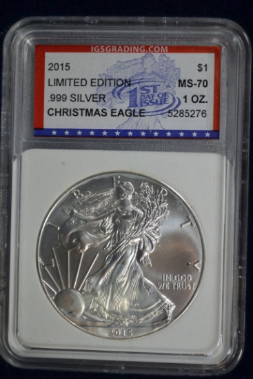 2015 American Silver Eagle First Day Christmas Edition in Box; MS-70