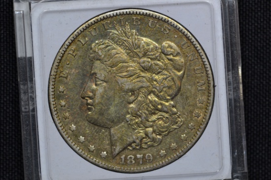 1879 Morgan Silver Dollar; AV-BU Rainbow Toned