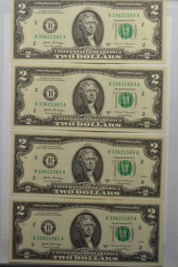 Group of 4 - Consecutive Two Dollar Bills; CU