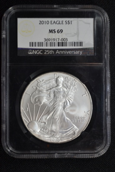 2010 American Silver Eagle; MS-69 NGC 25th Anniversary Black Slab