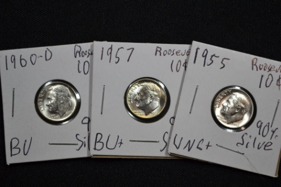 Group of 3 90% Silver Dimes including 1955, 1957, and 1960-D; BU