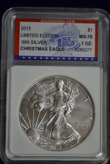 2015 American Silver Eagle; MS-70 Christmas Edition in Display Box