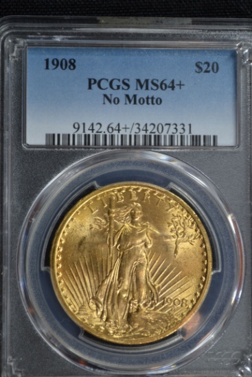 1908 St. Gauden's $20 Gold Double Eagle; No Motto; MS-64+ PCGS