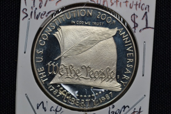 1987-S Constitution Silver Doller Proof; Gem+ D-Cam
