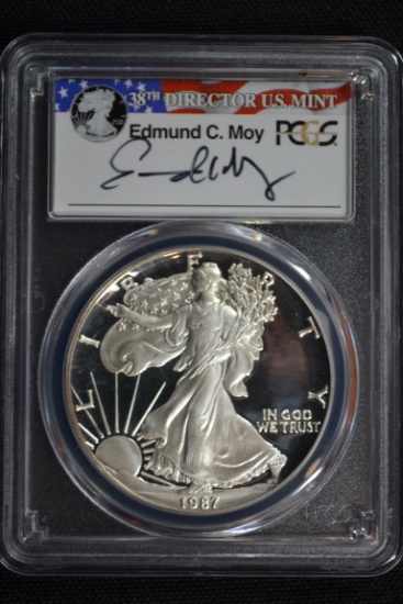 1987-S American Silver Eagle PR-69 Edmund C. Moy Signed PCGS Slab