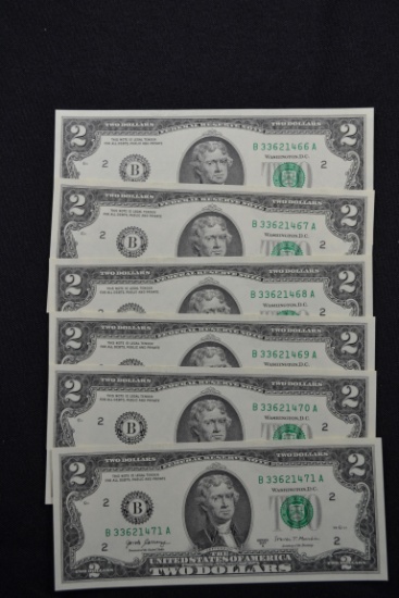 Group of 6 - Consecutive 2017 Two Dollar Bills; CO; $12 Face Value