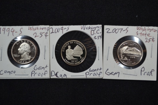 Group of 3 - Washington Quarter Proofs including 1994, 2007, and 2009; Gem+ D-Cam