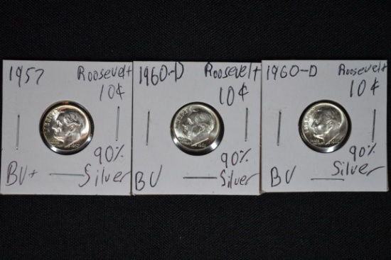 Group of 3 - 90% Silver Dimes including 1955, 1957, 1960-D; BU