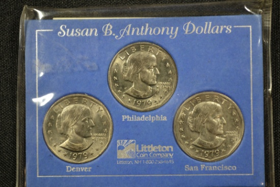 Group of 3 - 1979 Susan B. Anthony P, D, and S Dollar Coins; BU++