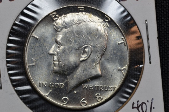 1968-D Kennedy 40% Silver Half Dollar; AU Unc.