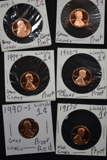 6 - Proof Cents including 1987-S, 1990-S, 1992-S, 1994-S, 2008-S, and 2014-S; 6xBID