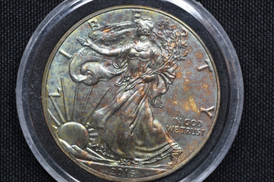 2016 American Silver Eagle; Rainbow Toned in Case