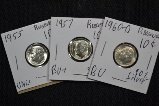 3 - Silver Dimes including 1955, 1957, and 1960-D; Unc. BU; 3xBID