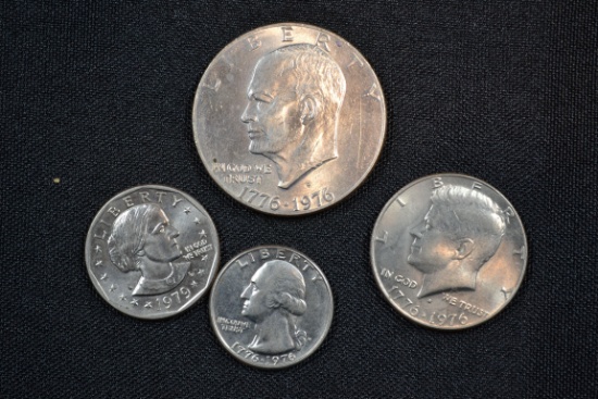 Group of 3 Bicentennial Coins including One Dollar, Half Dollar, and Quarter and Susan B. Anthony Do