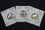3 - Dime 90% Silver including 1955, 1957, and 1960-D; BU; 3xBID