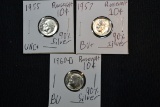 3 - Silver Dimes including 1955, 1957, and 1960-D ; Unc.; 3xBID