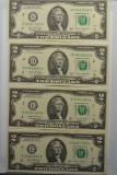 Group of 4 - Consecutive Two Dollar Bills; CU