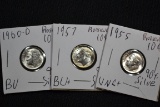 Group of 3 90% Silver Dimes including 1955, 1957, and 1960-D; BU