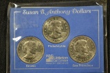 Group of 3 - 1979 Susan B. Anthony P, D, and S Dollar Coins; BU++