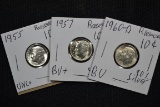 3 - Silver Dimes including 1955, 1957, and 1960-D; Unc. BU; 3xBID