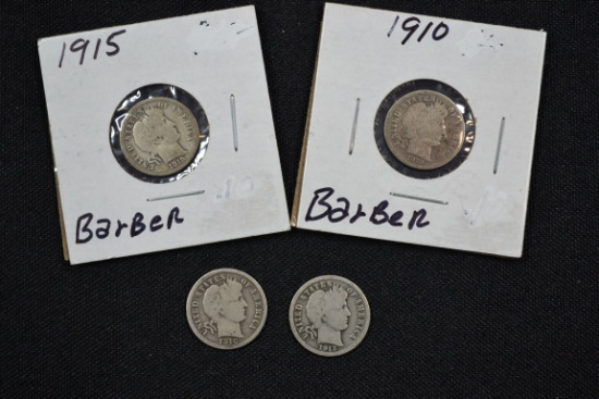 1 Lot of 4 - Barber Dimes including 1910, 1913, 1915, and 1916