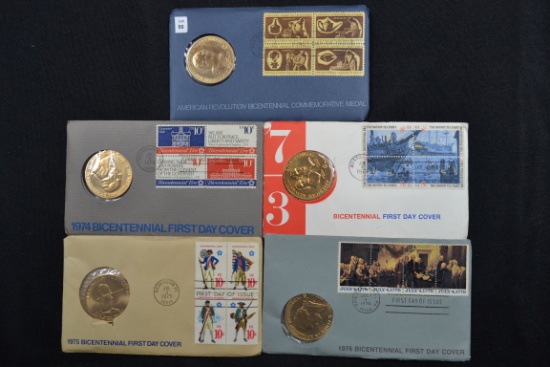 1 Lot of 5 - American Revolution Tokens in Stamped Envelopes including George Washington, Samuel Ada