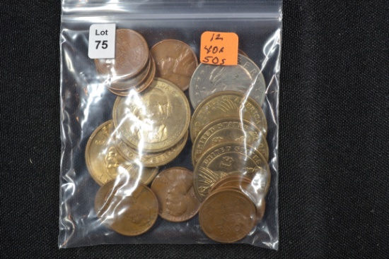 Bag of Misc. Coins including 12 - Wheat Cents, 5  - Presidential Dollars, 1 - Sacagawea Dollar, and