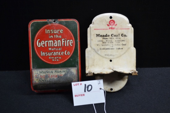 Pair of Wall-Mount Metal Advertising Pieces including German Fire Mutual Insurance Co., Omaha, Nebra