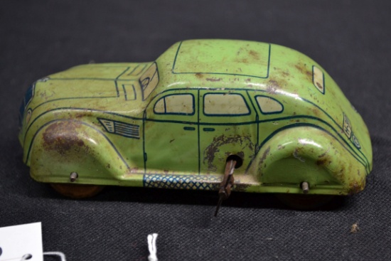 Pressed Steel Wind-Up Car; Works; 5-1/2"x2-1/2"; One Wheel Replaced