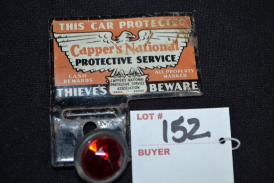 "Cappers National" Advertising License Plate Topper w/Red Jeweled Reflector; 3"x3"