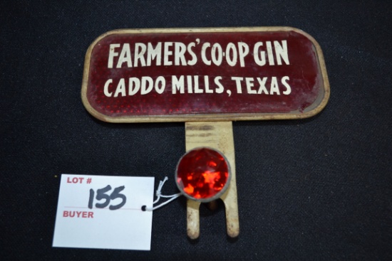 1935 "Farmers Co-op Gin", Caddo Mills, TX, Reflective Advertising License Plate Topper w/Red Jeweled