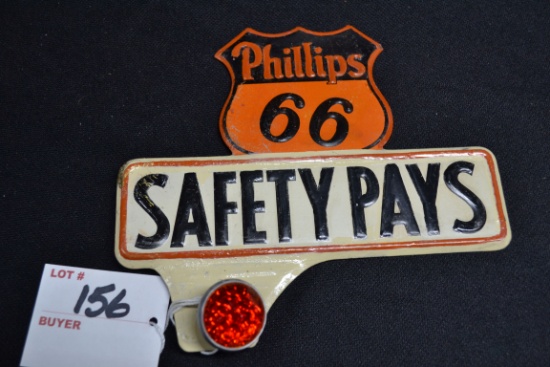 "Phillips 66" Advertising Tin License Plate Topper w/Red Jeweled Reflector; 5-1/2"x6"