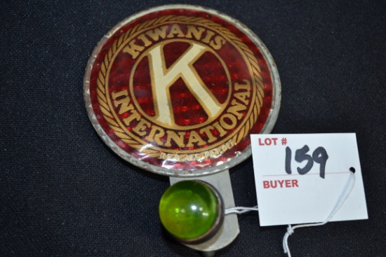 1960s? "Kiwanis International" Reflective License Plate Topper w/Green Glass Dome Reflector; 4-1/2"x