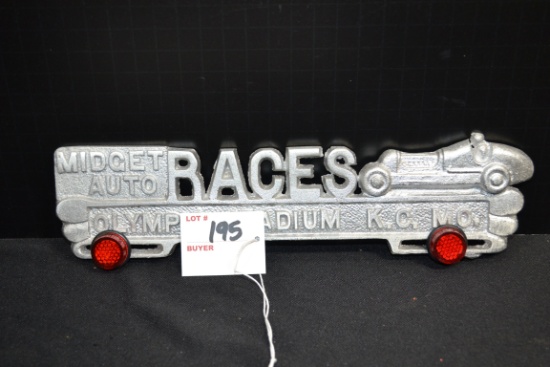 "Races" Midget Auto Advertising Cast Metal License Plate Topper w/Red Jeweled Reflectors; 11"x3"