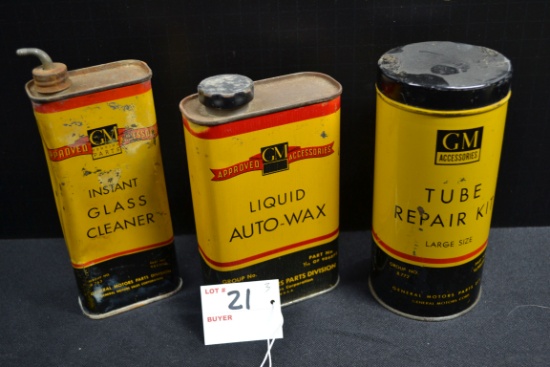 Group of 3 General Motors Containers including Instant Glass Cleaner, Liquid Auto Wax, and Tube Repa